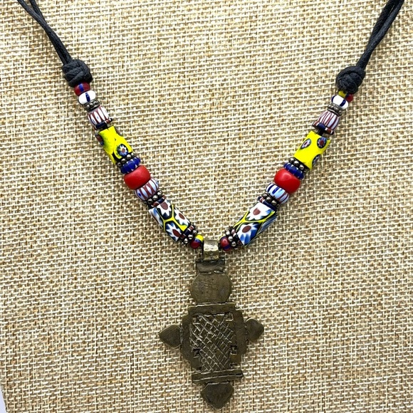 Colorful Beaded Necklace with Brass Coptic Cross Pendant  Unique Original - Picture 3 of 10